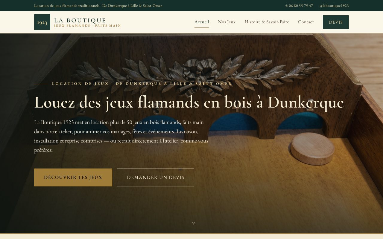 Aperçu du site laboutique1923.fr, location de jeux flamands en bois à Dunkerque